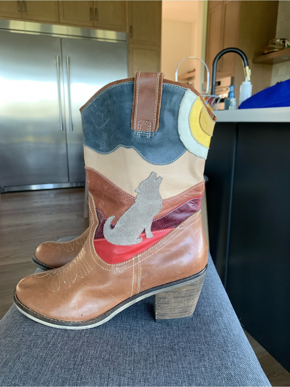 Western Leather Ankle Boots with Wolf Applique - Multi-Color